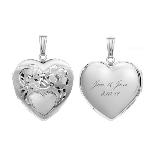 ITI NYC Hand Engraved Design Heart Locket in Sterling Silver with Optional Engraving (31 x 22 mm)