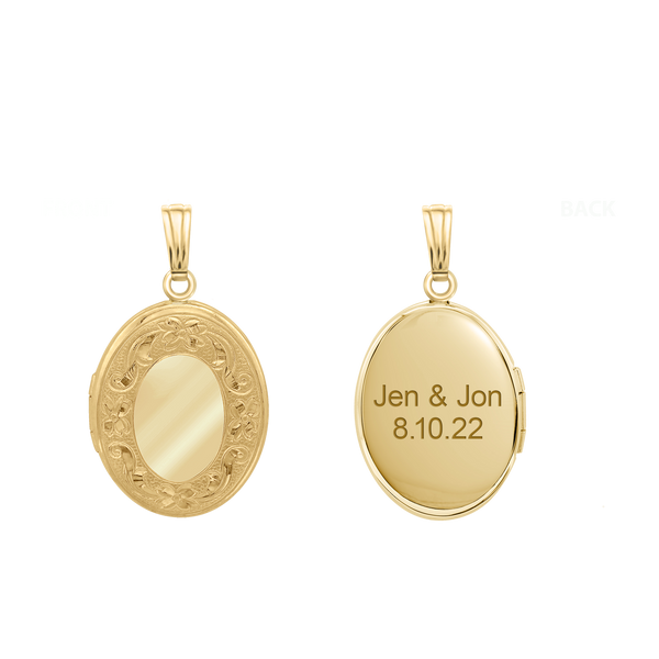 Hand Engraved Design Oval Locket in 14K Gold Filled with Optional Engraving (16 x 14 mm)