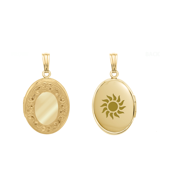 Hand Engraved Design Oval Locket in 14K Gold Filled with Optional Engraving (16 x 14 mm)