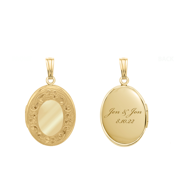 Hand Engraved Design Oval Locket in 14K Gold Filled with Optional Engraving (16 x 14 mm)