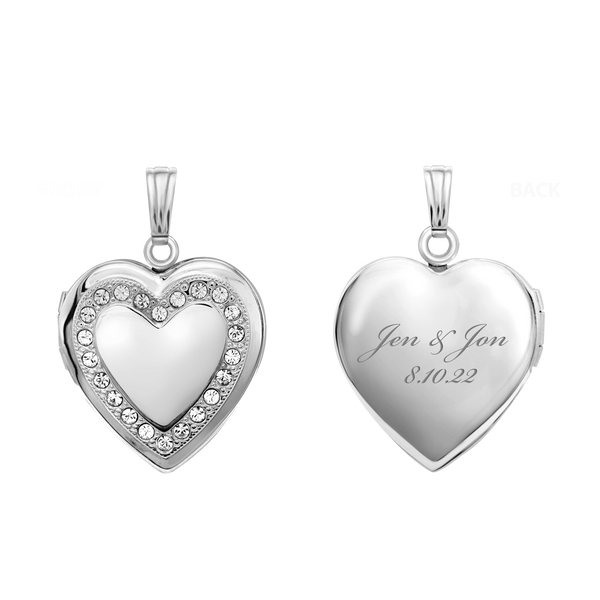 Heart Engraved Design Locket with Austrian Crystals (Not Diamonds) in Sterling Silver with Optional Engraving (19 mm)
