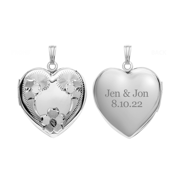 ITI NYC Hand Engraved Design Heart Locket in Sterling Silver with Optional Engraving (34 x 26 mm)