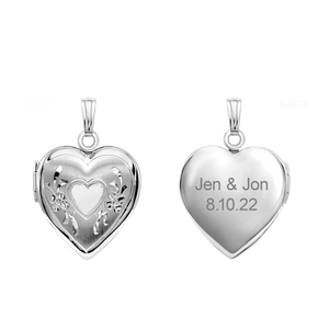 ITI NYC Hand Engraved Design Heart Locket in Sterling Silver with Optional Engraving (22 x 15 mm)