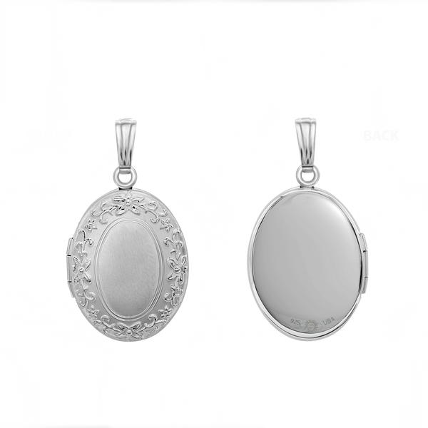 Hand Engraved Design Oval Locket in Sterling Silver with Optional Engraving (16 x 14 mm - 21 x 16 mm)
