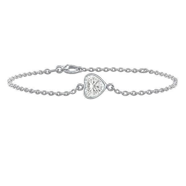 Diamond or Gemstone Heart Bezel Charm in 14K White Diamond Cut Cable Bracelet