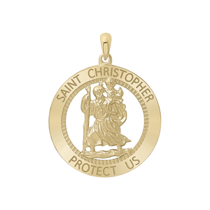 14K Gold Round Saint Christopher Medallion (1 1/4 inch - 1 1/2 inch)