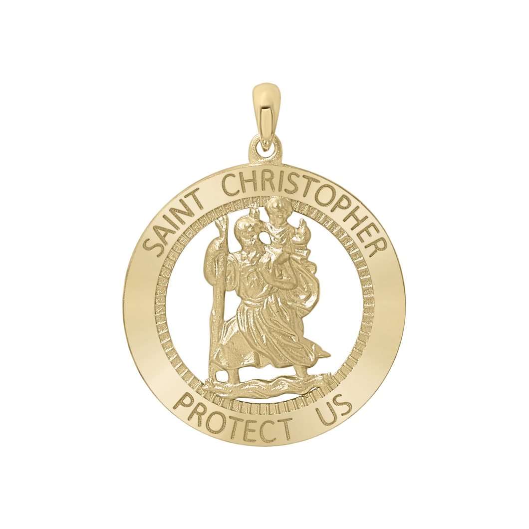 14K Gold Round Saint Christopher Medallion (1 1/4 inch - 1 1/2 inch)