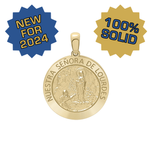 14K Gold Round Nuestra Señora de Lourdes Medallion (3/4 inch)