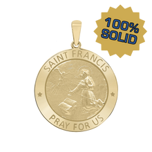 Load image into Gallery viewer, 14K Gold Round Saint Francis Medallion (5/8 inch - 1 inch)
