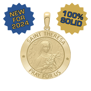 14K Gold Round Saint Theresa Medallion (1 inch)