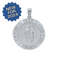 Load image into Gallery viewer, Sterling Silver Round Añgel Del La Guarda Medallion (5/8 inch - 1 inch)
