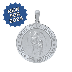 Sterling Silver Round Añgel Del La Guarda Medallion (5/8 inch - 1 inch)