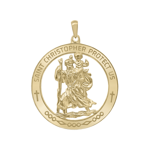 14K Gold Round Saint Christopher Medallion (1 1/4 inch - 1 1/2 inch)