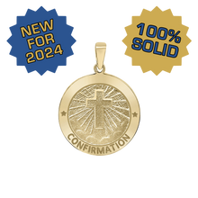 Load image into Gallery viewer, 14K Gold Round Confirmation with Cross Medallion (5/8 inch - 3/4 inch)
