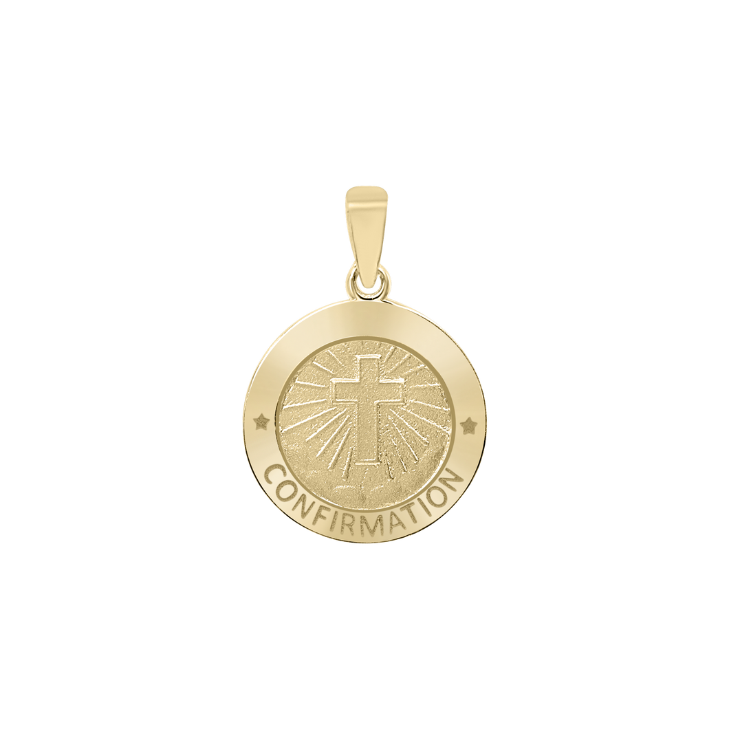 14K Gold Round Confirmation with Cross Medallion (5/8 inch - 3/4 inch)