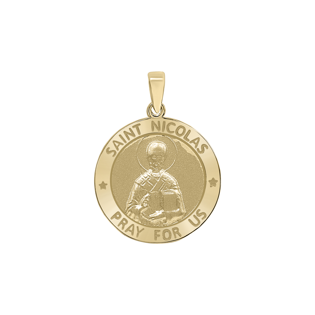 14K Gold Round Saint Nicolas Medallion (3/4 inch)