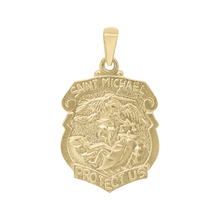 Load image into Gallery viewer, 14K Gold Saint Michael Shield Medallion (5/8 inch - 1 inch)
