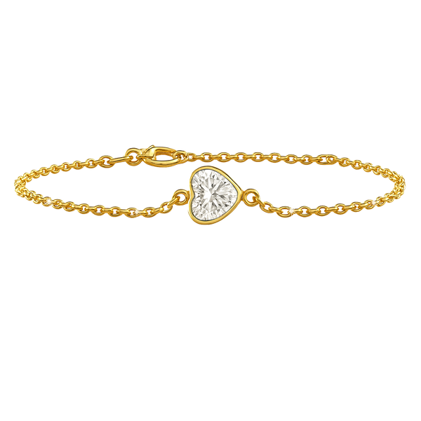 Diamond or Gemstone Heart Bezel Charm in 14K Yellow Diamond Cut Cable Bracelet
