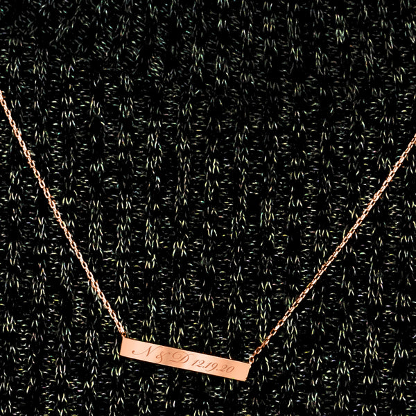 Bar Necklace with Engraving in Sterling Silver 18K Rose Gold Finish (18" Chain)
