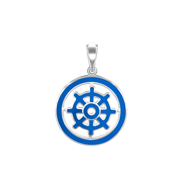 ITI NYC Buddhism Dharma Wheel Pendant with Blue Enamel in Sterling Silver