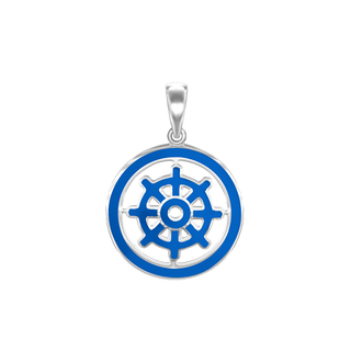 ITI NYC Buddhism Dharma Wheel Pendant with Blue Enamel in Sterling Silver