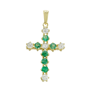 ITI NYC 14K Yellow Gold Cross Pendant with Diamonds and Emeralds