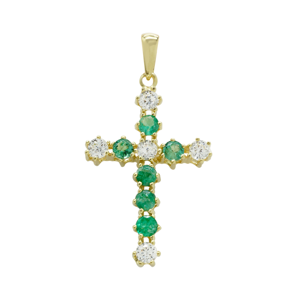 ITI NYC 14K Yellow Gold Cross Pendant with Diamonds and Emeralds