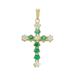 ITI NYC 14K Yellow Gold Cross Pendant with Diamonds and Emeralds