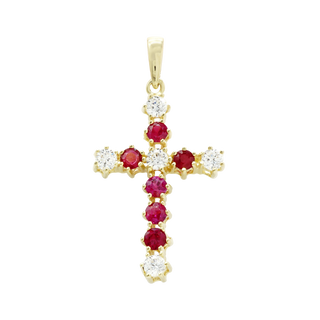 ITI NYC Cross Pendant with Diamonds and Ruby Stones in 14K Gold