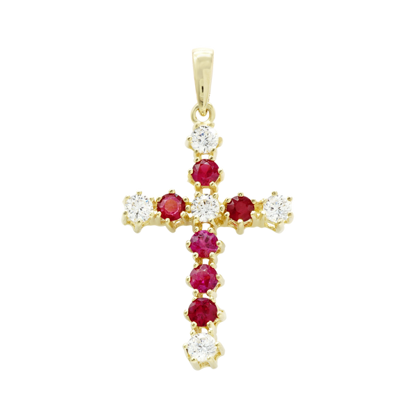 ITI NYC Cross Pendant with Diamonds and Ruby Stones in 14K Gold