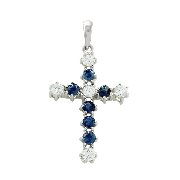 ITI NYC Cross Pendant with Diamonds and Sapphire Stones in 14K Gold