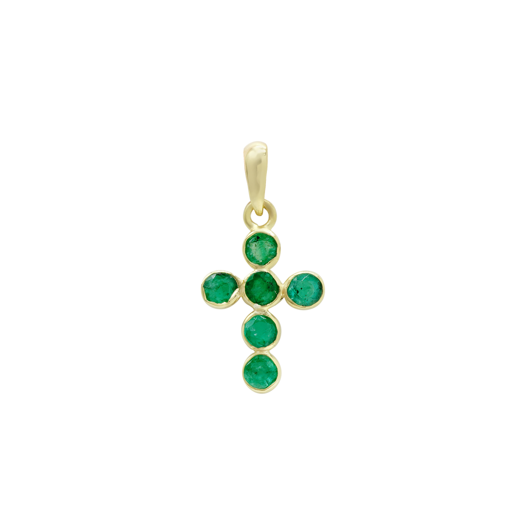 ITI NYC Bezel Set Cross Pendant with Emerald Stones in 14K Gold