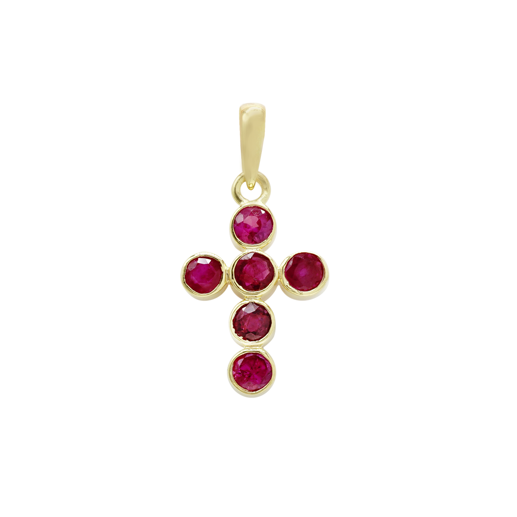 ITI NYC Bezel Set Cross Pendant with Ruby Stones in 14K Gold