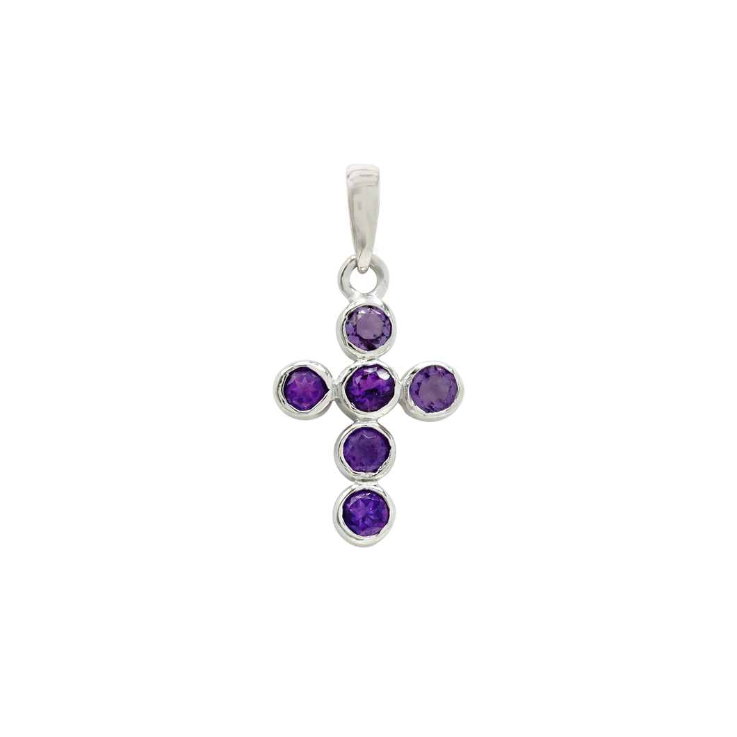 ITI NYC Bezel Set Cross Pendant with Amethyst Stones in 14K Gold