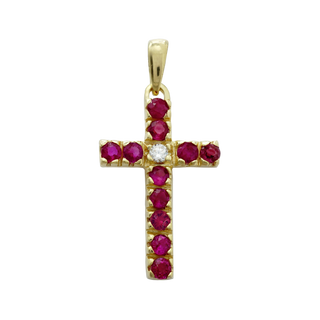 ITI NYC Cross Pendant with Diamonds and Ruby Stones in 14K Gold