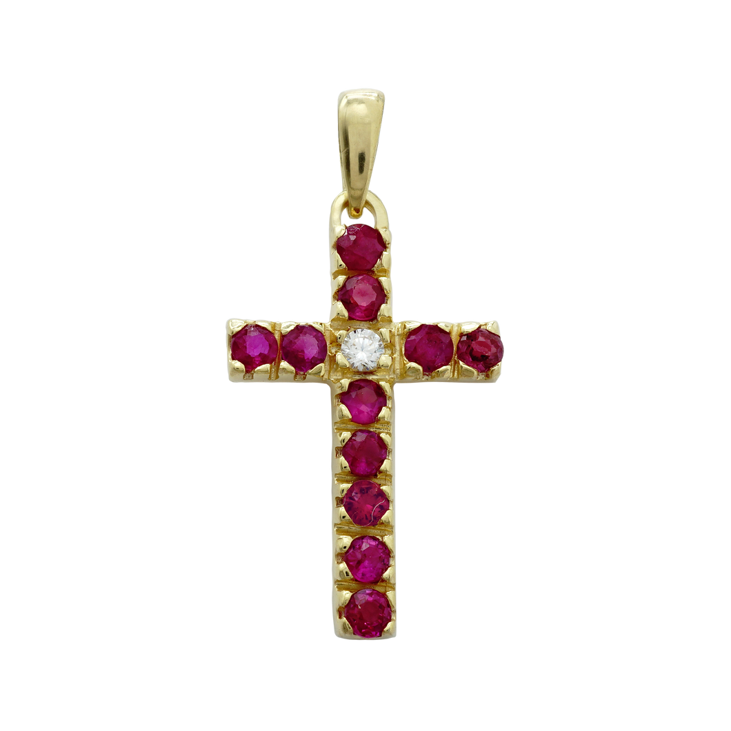 ITI NYC Cross Pendant with Diamonds and Ruby Stones in 14K Gold