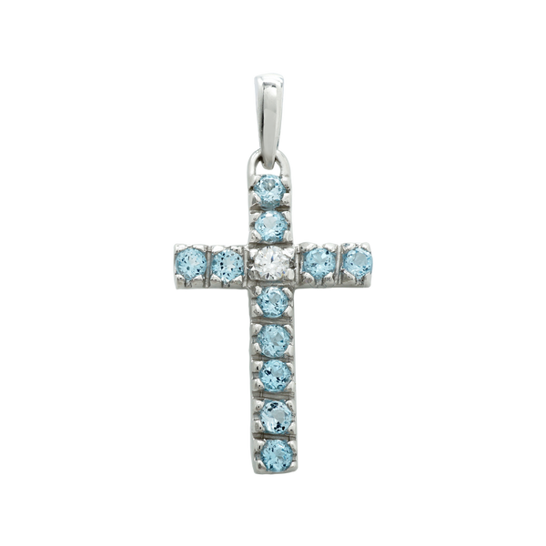 ITI NYC Cross Pendant with Diamonds and Blue Topaz Stones in 14K Gold