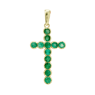 ITI NYC Bezel Set Cross Pendant with Emerald Stones in 14K Gold