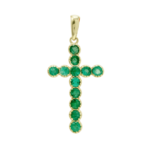 ITI NYC Bezel Set Cross Pendant with Emerald Stones in 14K Gold