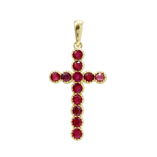 ITI NYC Bezel Set Cross Pendant with Ruby Stones in 14K Gold