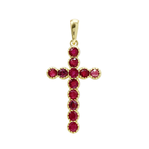 ITI NYC Bezel Set Cross Pendant with Ruby Stones in 14K Gold