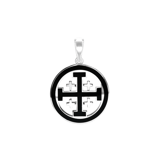 ITI NYC Jerusalem Cross Pendant Medallion with Black Enamel in Sterling Silver