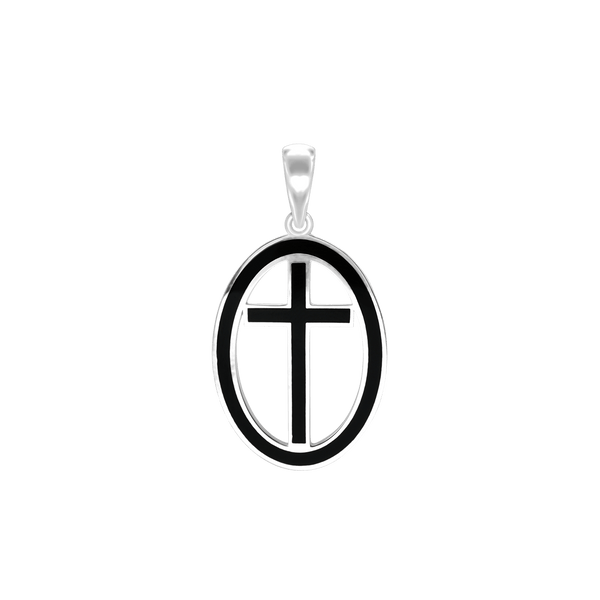 ITI NYC Latin Cross Pendant Medallion with Black Enamel in Sterling Silver