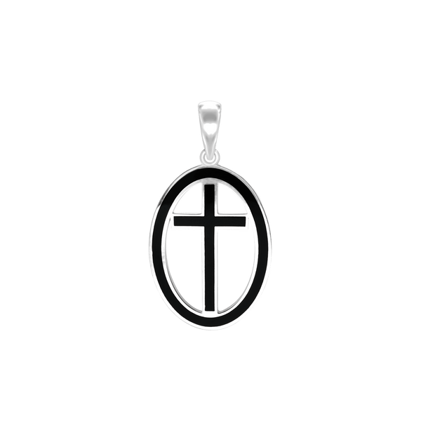 ITI NYC Latin Cross Pendant Medallion with Black Enamel in Sterling Silver