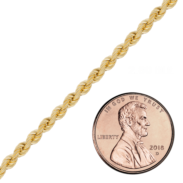 Bulk / Spooled Handmade Semi-Solid Rope Chain in 14K Yellow Gold (2.20 mm - 4.20 mm)