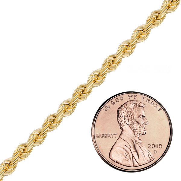 Bulk / Spooled Handmade Semi-Solid Rope Chain in 14K Yellow Gold (2.20 mm - 4.20 mm)