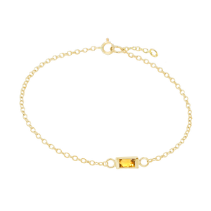 Diamond or Gemstone Baguette Bezel Charm in 14K Yellow Diamond Cut Cable Bracelet