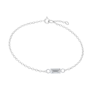Diamond or Gemstone Baguette Bezel Charm in 14K White Round Cable Bracelet