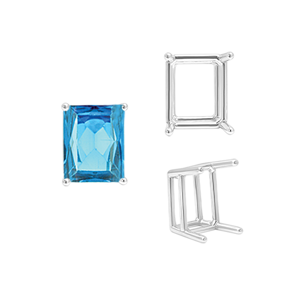 ITI NYC Four Prong Emerald Shape Wire Basket Settings in Sterling Silver (3.00 x 2.25 mm - 30.00 x 22.00 mm)