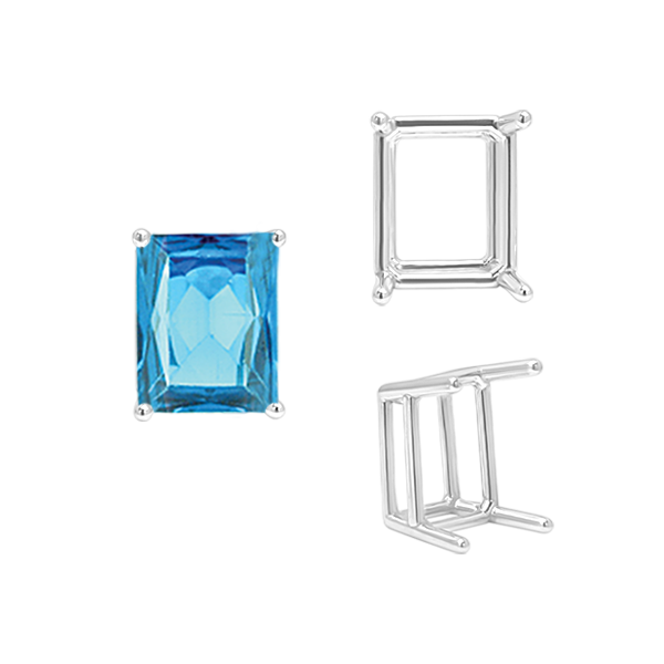 ITI NYC Four Prong Emerald Shape Wire Basket Settings in Sterling Silver (3.00 x 2.25 mm - 30.00 x 22.00 mm)